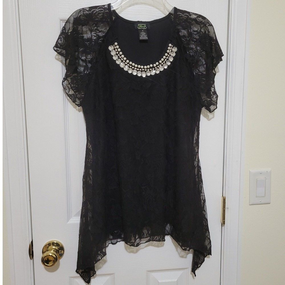 Shannon Ford New York Black Floral Lace Embellished Pearl Neck Tunic Top Medium